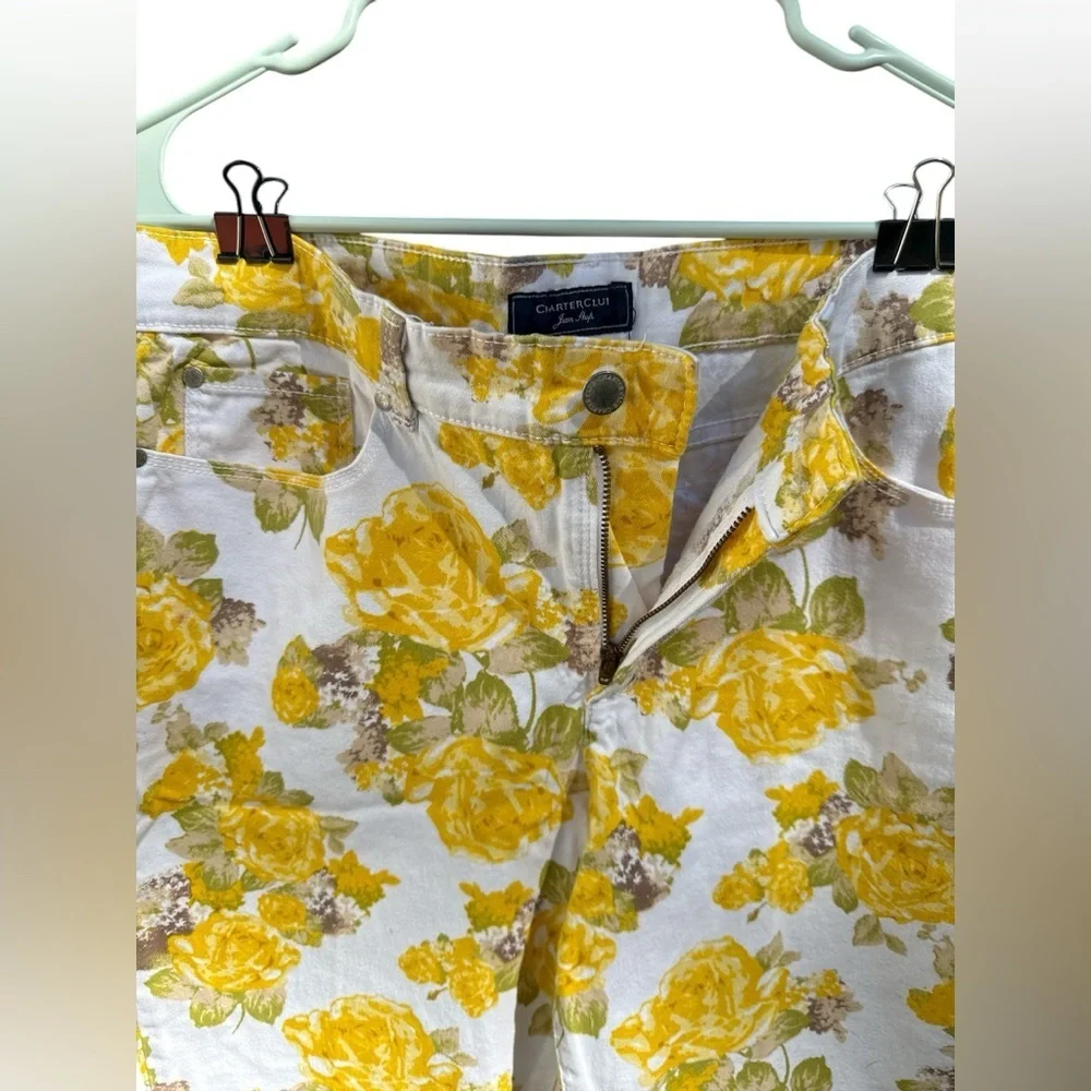 Charter Club Floral Capri Jeans Size 12 Yellow White High Rise Stretch Cottage - Picture 4 of 8